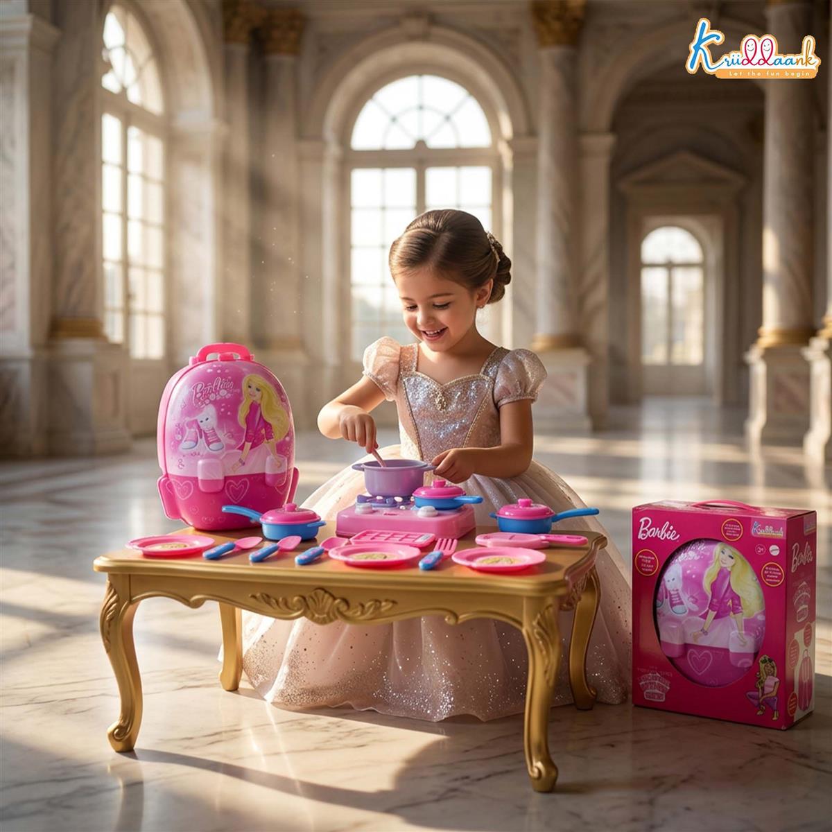 Barbie Backpack Kitchen Set - 21 Piece Pink Portable Cooking Toy Set for Kids 3+ Years - Travel-Friendly Pretend Play Kitchen with Music and Accessories - Non-Electric Role Play Gift for Girls