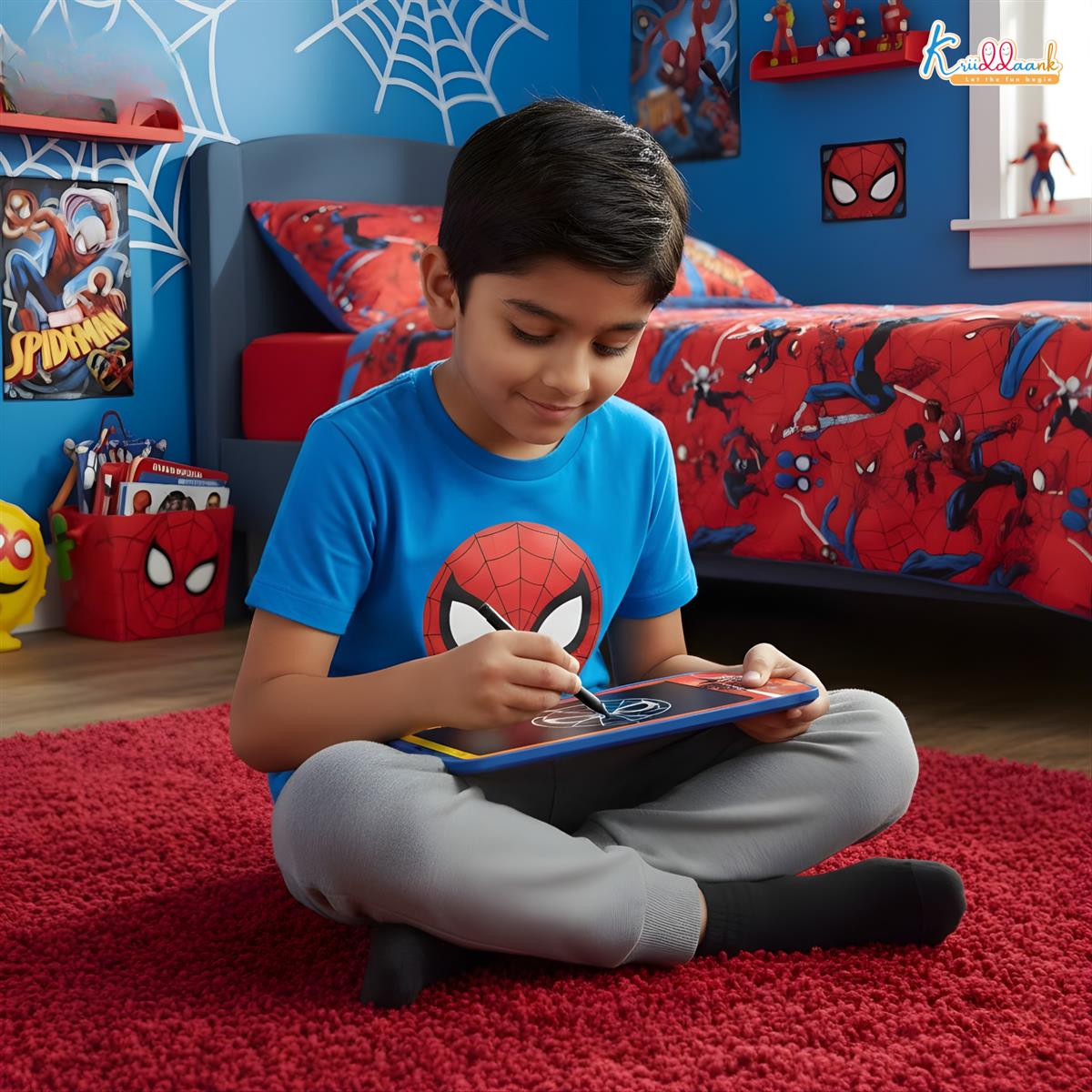 Kriiddaank 10.5 Inch Spiderman LCD Writing Tablet, Electronic Drawing Pad & Travel Slate for Kids, Rewritable Doodle Board, Birthday Gift for Boys Aged 3-9 Years, Blue Spiderman Theme