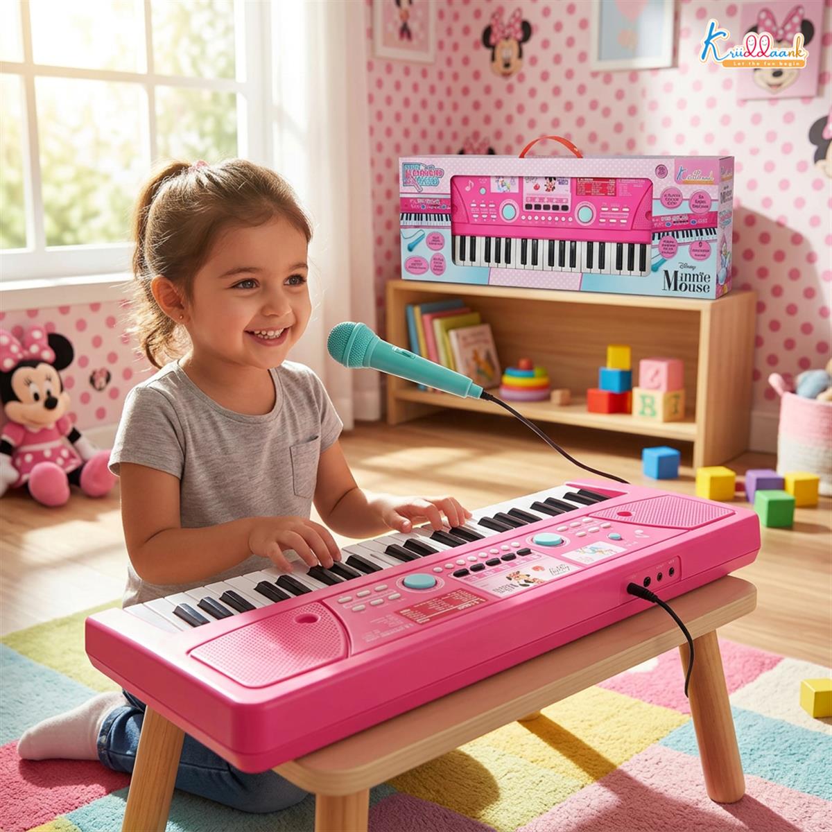 Kriiddaank Minnie Keyboard Piano 500 for Kids - Portable Electronic Musical Toy with Microphone, 8 Instrument Sounds & 16 Rhythms, Early Learning Gift for Girls 3+ Years, Pink