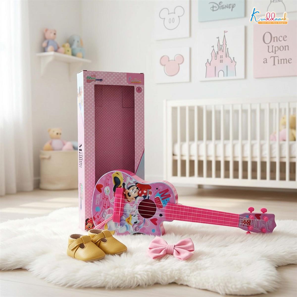 Minnie Mouse Theme 4-String Toy Guitar for Girls - Lightweight & Durable Educational Musical Instrument for Toddlers - Pink Disney Character Guitar for Kids Ages 3+, 43cm