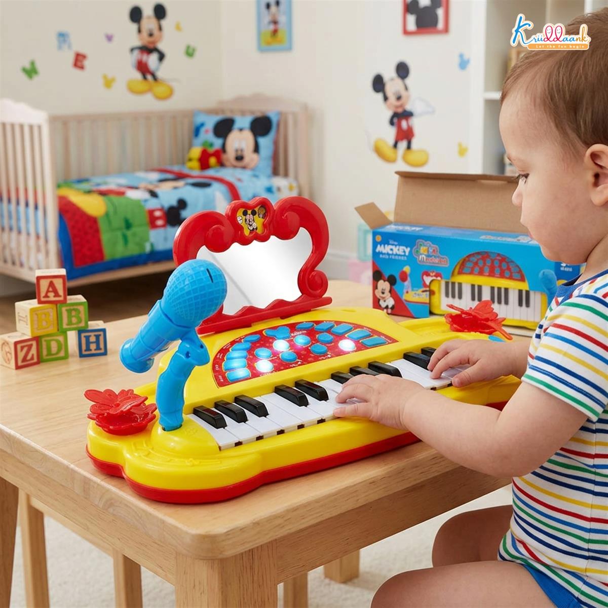Mickey Mouse Theme Junior Musician Piano & Drum Set for Kids | Karaoke Microphone, 25 Songs & MP3 Connectivity | Early Learning Musical Toy for Toddlers 3+ | USB & Battery Powered (Red)