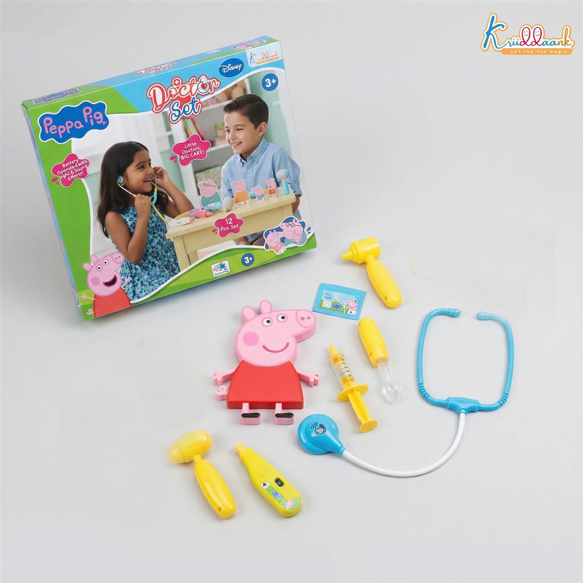 Kriiddaank Peppa Pig Medical Playset with 2D Family Figures, Doctor Kit for Kids Ages 3+, 12 Pcs Toy Set with Stethoscope, Lights & Sound Effects, Educational Pretend Play for Toddlers