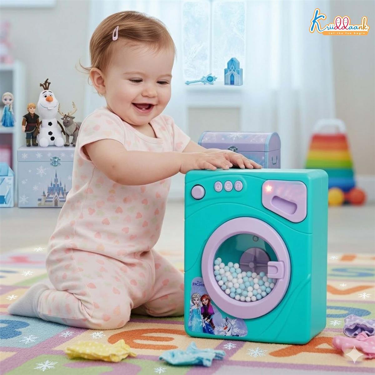 Frozen Family Mini Washing Machine Toy for Toddlers - Interactive Home Appliance with Lights & Sounds, Educational Pretend Play Laundry Set for Kids Ages 3+, Battery Operated (Turkish Blue)