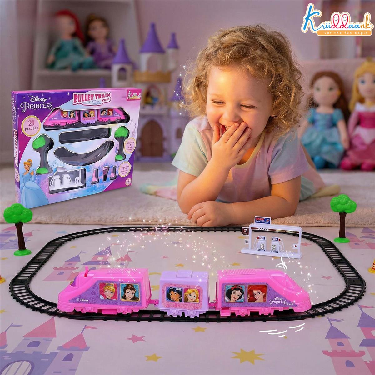 Kriiddaank Princess Train Set for Girls - 21 Pcs Battery Operated Bullet Train with Sound Effects, Easy-to-Assemble Tracks, Educational Motor Skills Toy for Kids 3+ Years, Pink