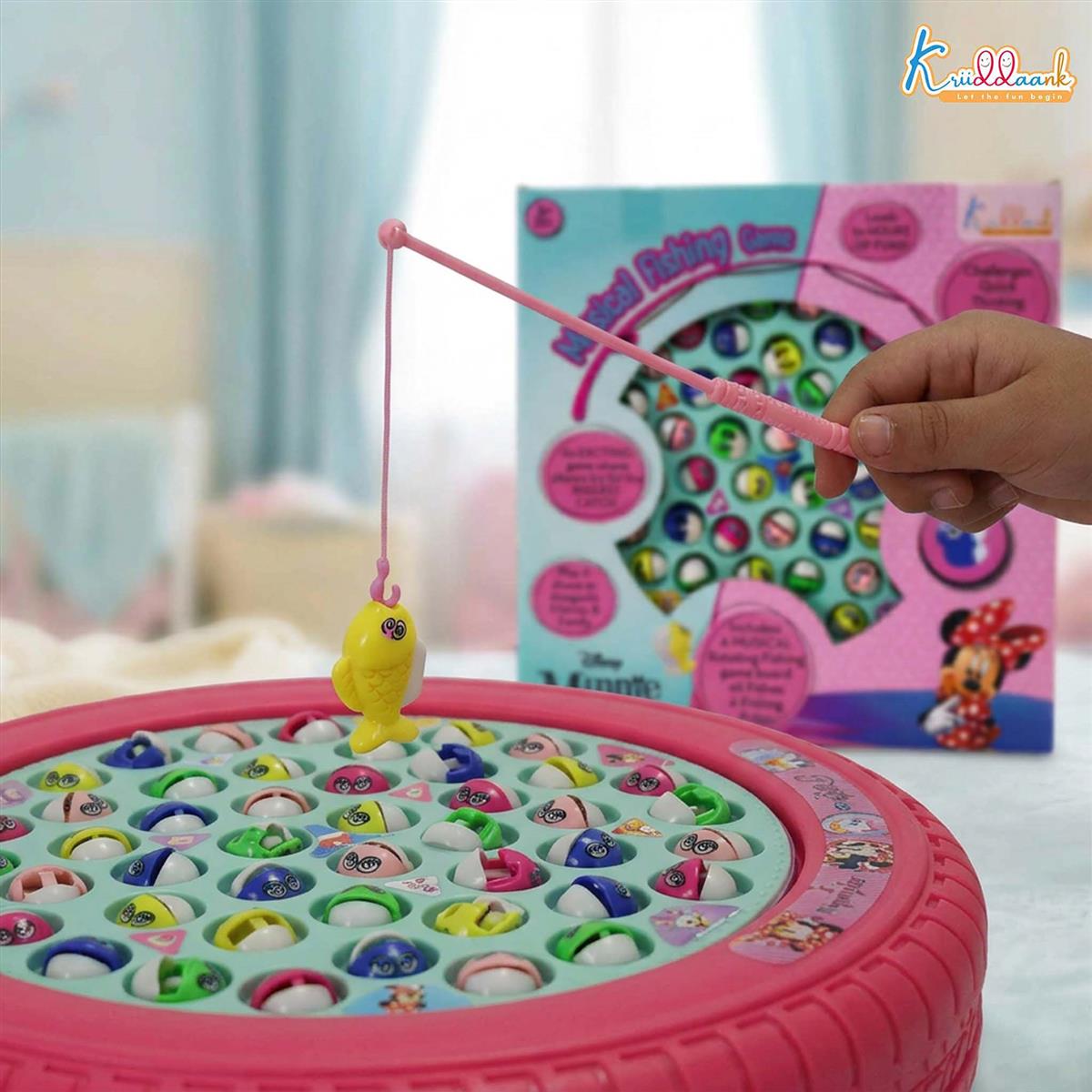 Minnie Musical Fishing Game - Electronic Rotating Board with 45 Fishes & 4 Poles, Ocean Theme Battery Operated Toy, Educational Pink Fishing Game for Kids & Toddlers, Ages 3+
