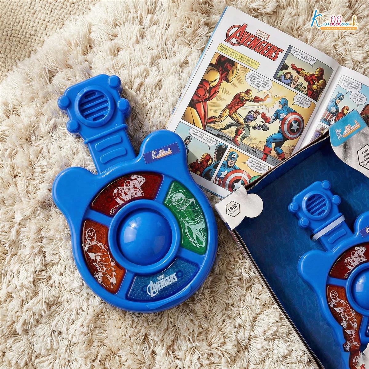 Marvel Avengers Theme Mini Guitar Music Set for Kids - Pocket Sized Musical Toy with 4 Interactive Sound Buttons & Lights, Educational Superhero Toy for Boys & Girls Ages 3+, Red & Durable