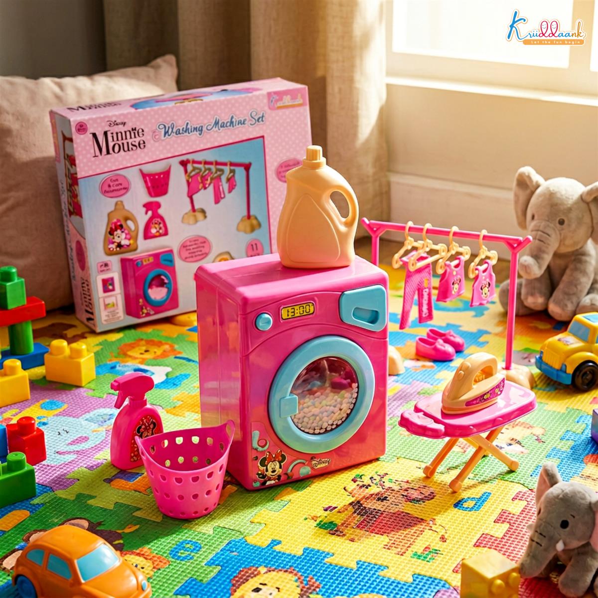 Kriiddaank Minnie Theme Washing Machine Toy - 15-Piece Interactive Pretend Play Laundry Set with Music, Ironing Board & Accessories - Pink Educational Disney Magic Gift for Toddlers Ages 3+