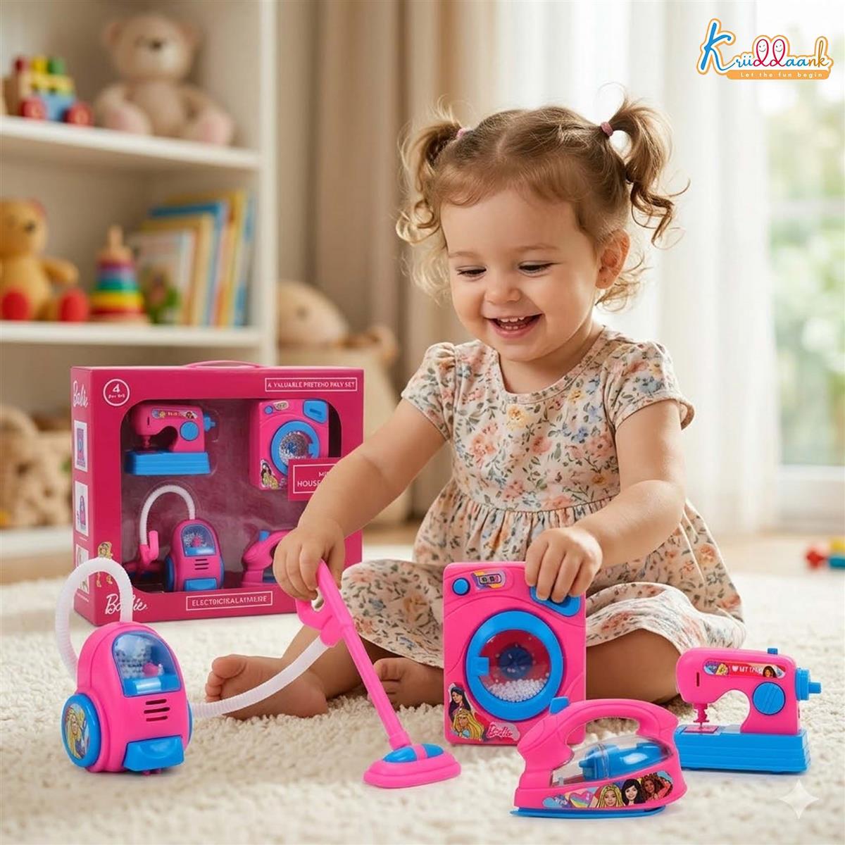 Mattel Barbie Theme Household 4pc Role Play Set - Includes Mini Washing Machine, Vacuum Cleaner, Iron & Hair Dryer - Battery Operated with Lights, Educational Toy for Kids Ages 3+ (Pink)