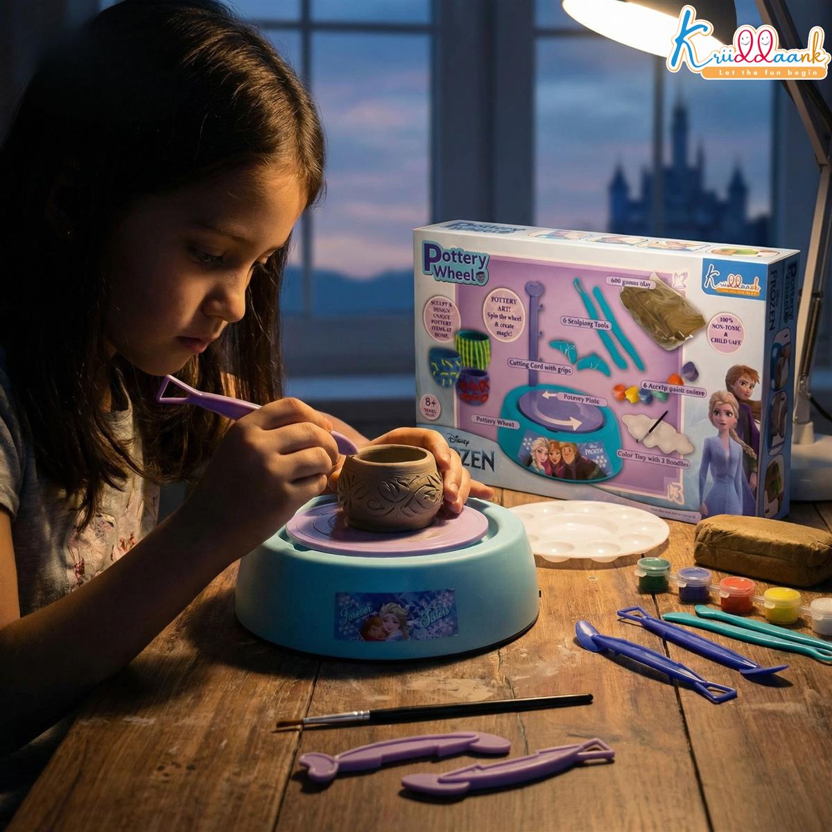 Frozen Theme Pottery Wheel Kit for Kids - Elsa & Anna Clay Art & Craft Set with 800g Clay, 6 Acrylic Paints & Sculpting Tools - Educational DIY Pottery Making Toy for Girls Age 8+ (Turkish Blue)