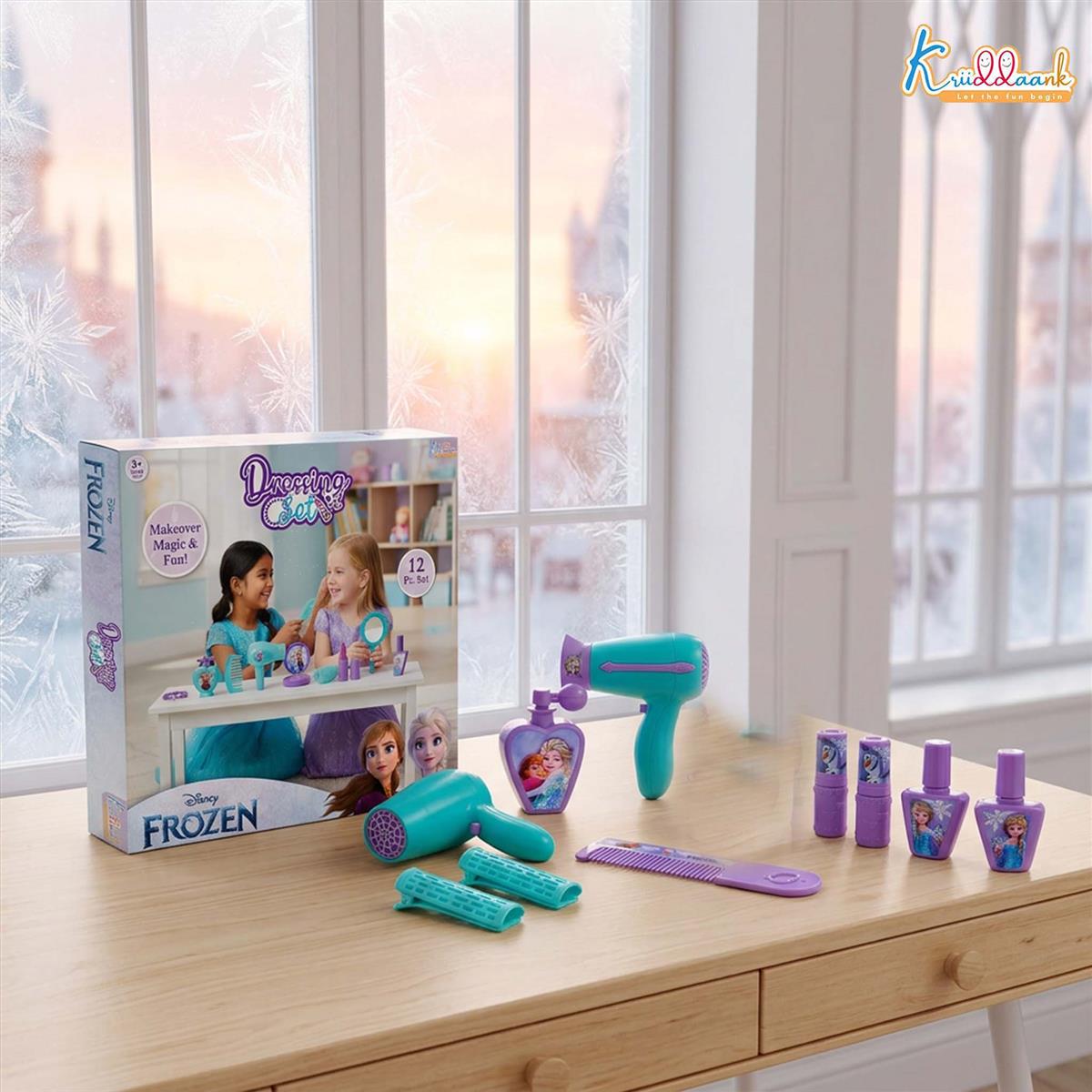 Kriiddaank Frozen Dressing Set for Kids - Non-Electronic Princess Makeup & Beauty Accessories Play Set, Styling Kit for Girls, Pretend Role Play Toy for Age 3+ Years, 11+ Pieces, Turkish Blue