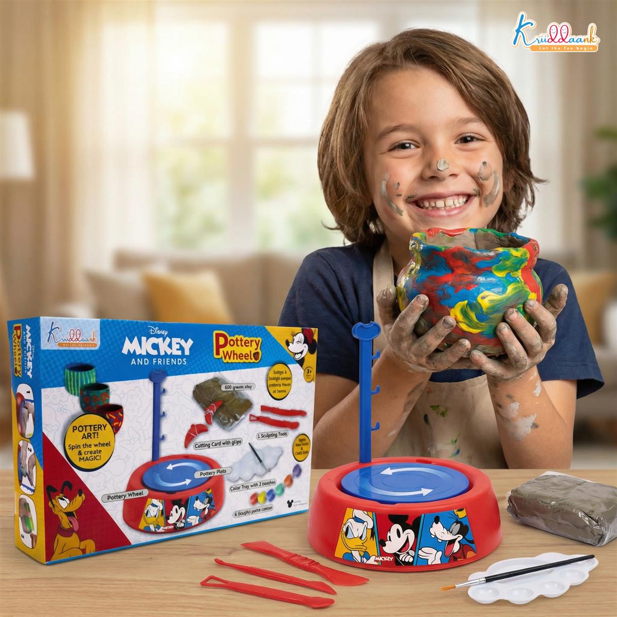 Disney Mickey Mouse Pottery Wheel Modeling Set - Complete Arts & Crafts Clay Sculpting Kit with 800g Clay, Paints & Tools - Educational DIY Gift for Boys & Girls 8+ Years - Battery Operated