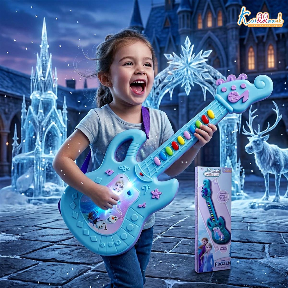 Frozen Theme Musical Guitar for Kids with Elsa & Anna - Lights & Sound Toy, Turkish Blue, Educational Music Toy for Boys & Girls Ages 3+, Battery Operated (44cm)