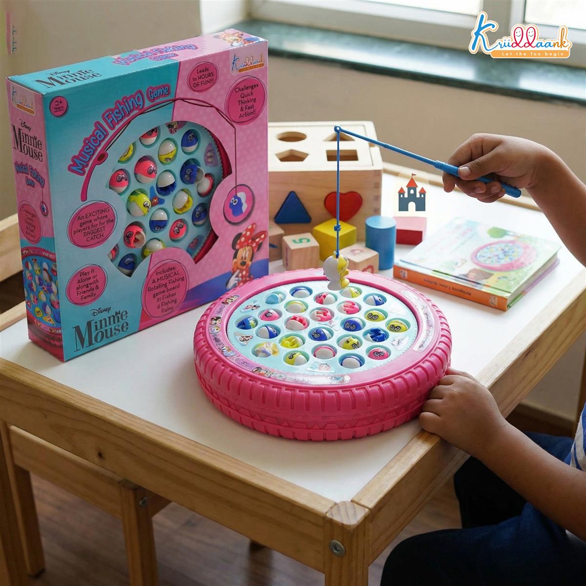 Kriiddaank Minnie Mouse Musical Fishing Game - Rotating Battery Operated Pond with 21 Fish & 4 Fishing Poles - Pink Educational & Interactive Toy for Kids and Toddlers Ages 3+