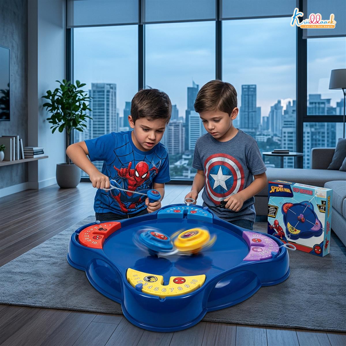 Kriiddaank Spiderman-Inspired Spinning Top Set - 5-Piece Battling Toy for Kids 5+, Includes Arena Base, 4 Rip Cords & 4 Color Tops, Action-Packed Multiplayer Fun for Boys & Girls
