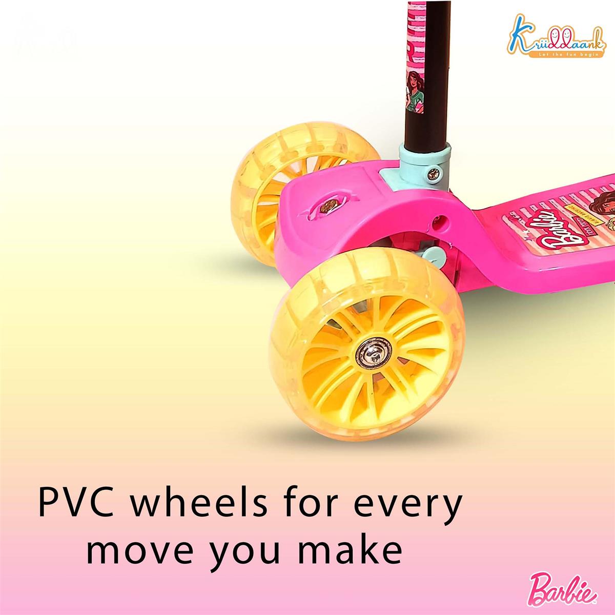 Kriiddaank Barbie Adventure 3-Wheel Kick Scooter for Kids (Ages 3-12), 5-Level Adjustable Height & Easy Fold Design, PVC Wheels, 25kg Weight Capacity, Pink