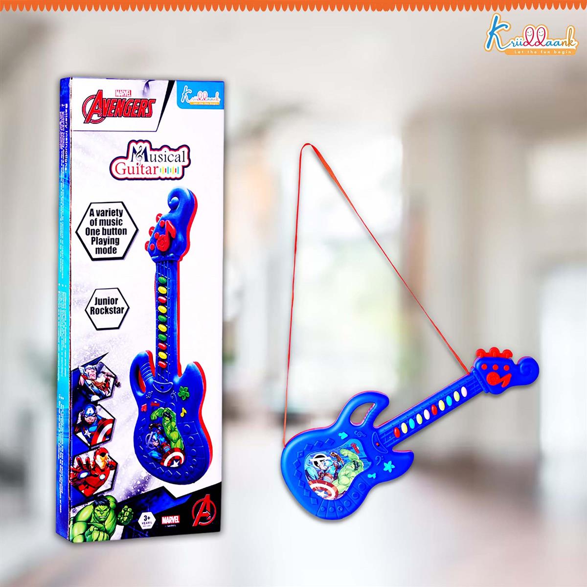 Marvel Avengers Theme Musical Guitar for Kids - Superhero Electric Toy with Lights & Sound, Battery Operated Junior Rockstar Guitar, Red Musical Instrument for Boys & Girls Age 3+ Years
