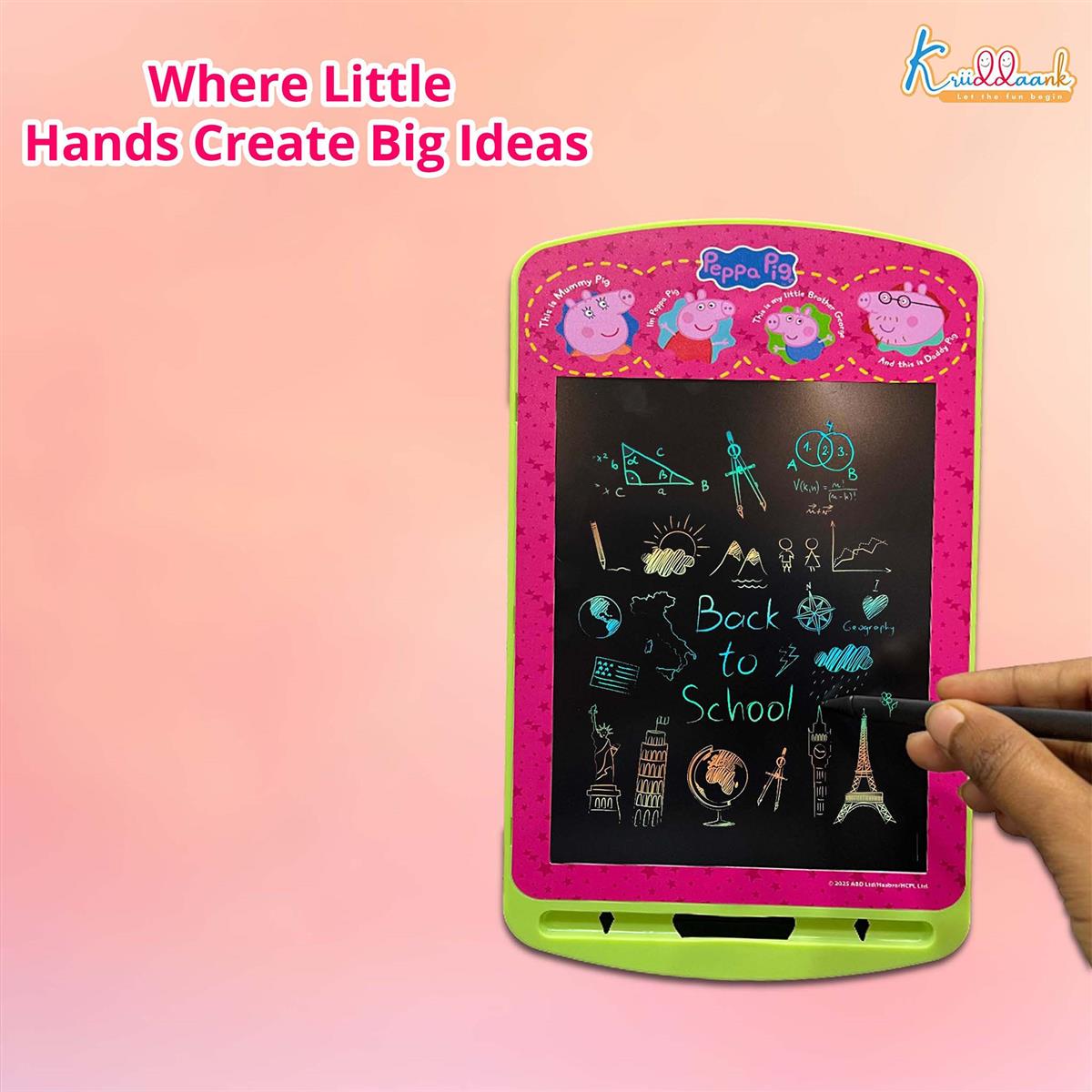 Kriiddaank Peppa Pig 10.5 Inch LCD Writing Tablet & Drawing Pad for Kids - Rewritable Electronic Travel Slate, Birthday Gift for Boys & Girls 3-9 Years, Pink Peppa Theme Educational Toy Board