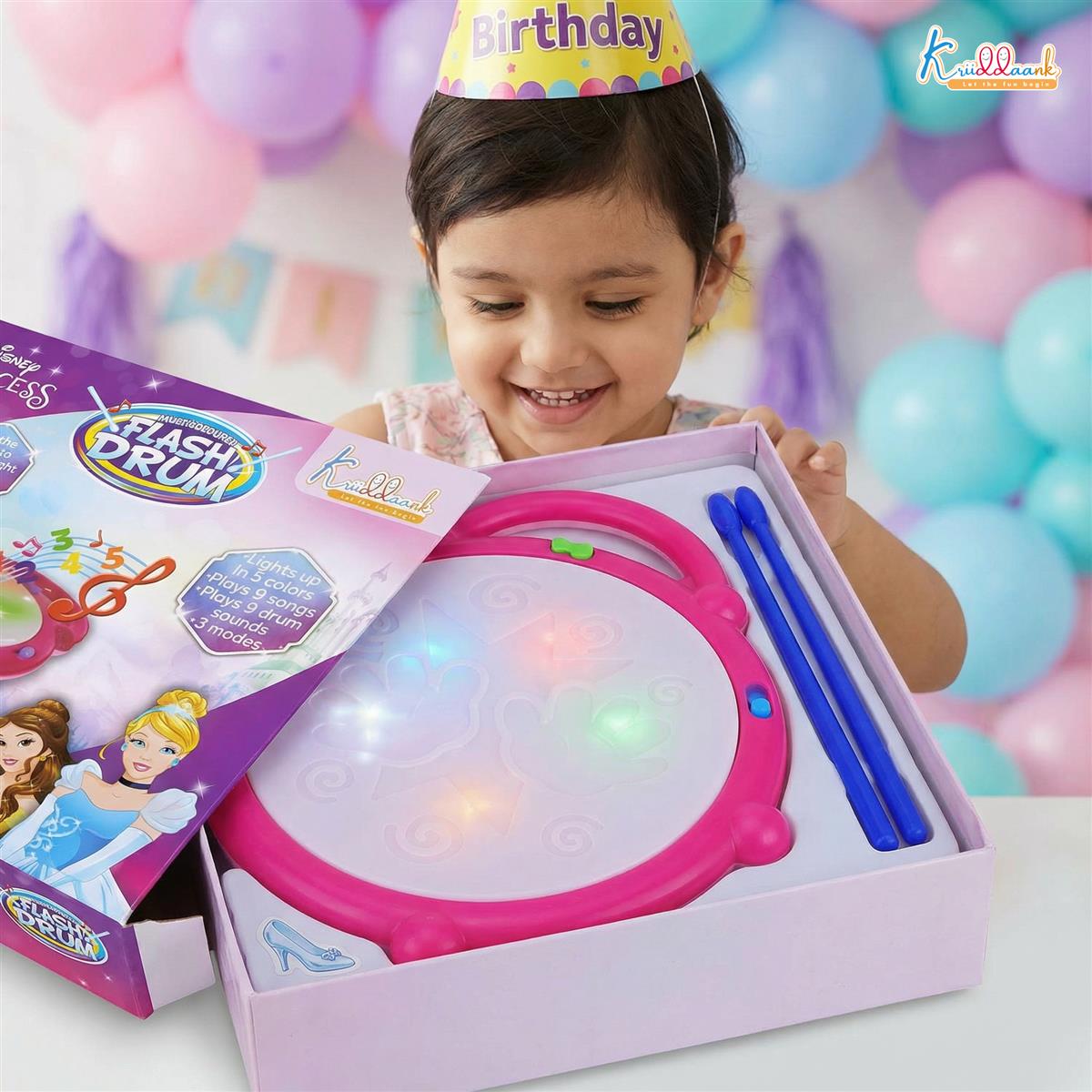 Disney Princess Flash Drum Toy for Girls - Musical Light-Up Drum with 3D LED Lights, 9 Songs & Drum Sounds, 3 Modes - Interactive Educational Toy for Kids Aged 3+ Years (Pink)