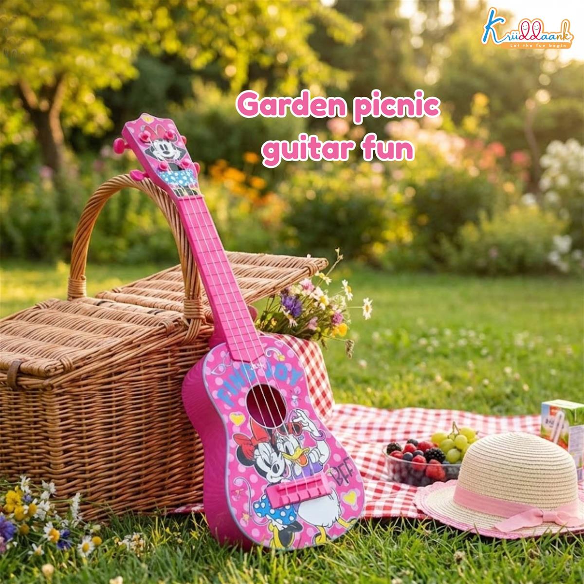Minnie Guitar (Big) - 4-String Musical Toy for Kids with Adjustable Tension, Fingerstyle Tab & Pick - Portable Pink Guitar for Girls 3+ Years - Fun Educational Disney Themed Birthday Gift