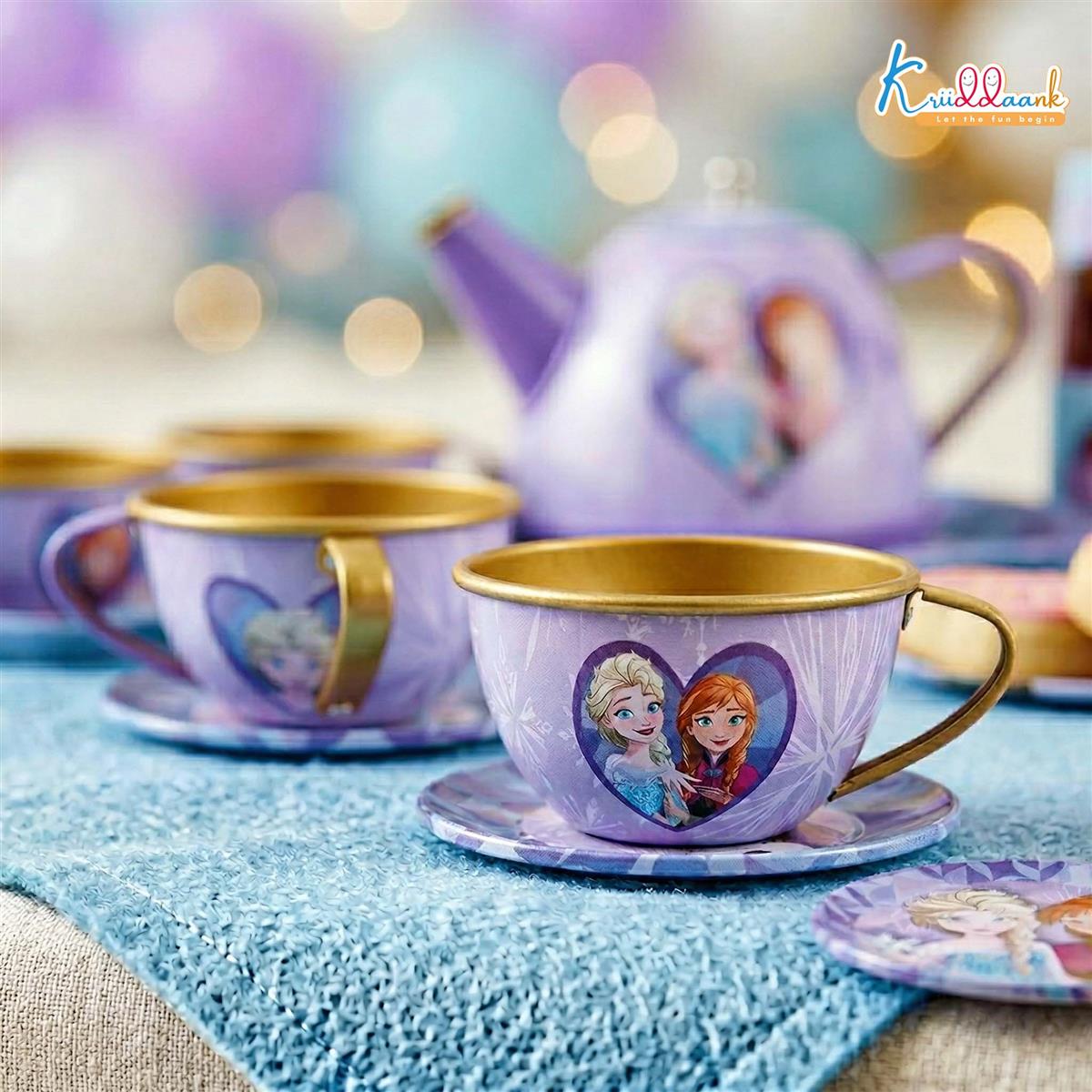Disney Frozen Elsa & Anna 14-Piece Tin Plate Tea Set for Girls - Fun Pretend Play Tea Party Toy - Durable, Lightweight & Safe Role Play Kit for Kids, Ages 3+