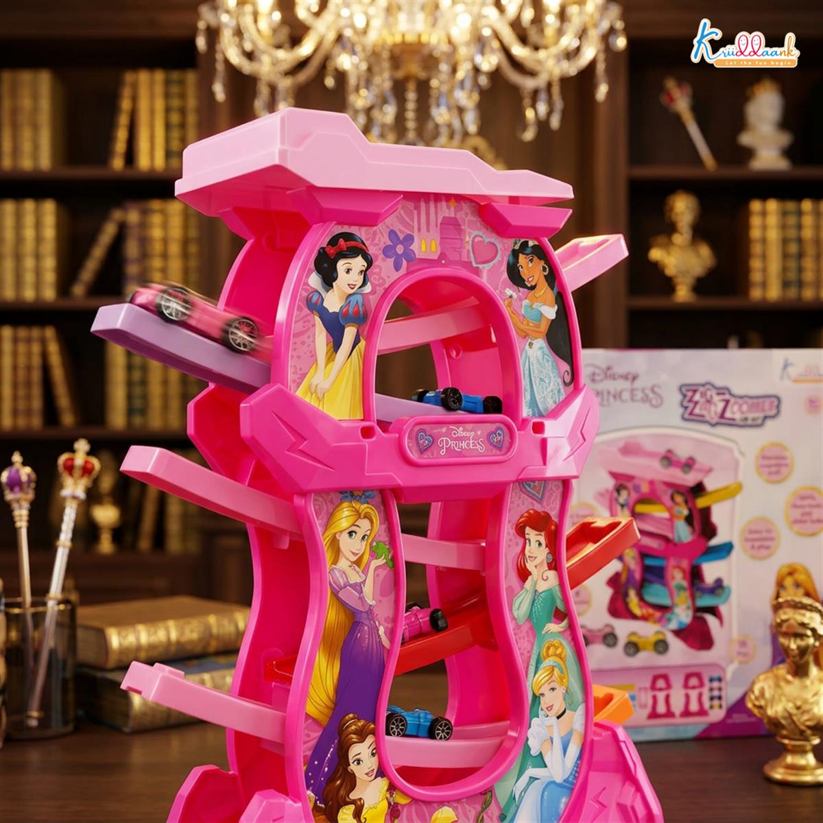 Princess Zig Zag Zoomer Ramp Racer Car Track for Toddlers - 15 Piece 6-Level Lever Toy with 4 Mini Vehicles, Non-Toxic Pink Race Track Playset for Girls 3+ Years Old