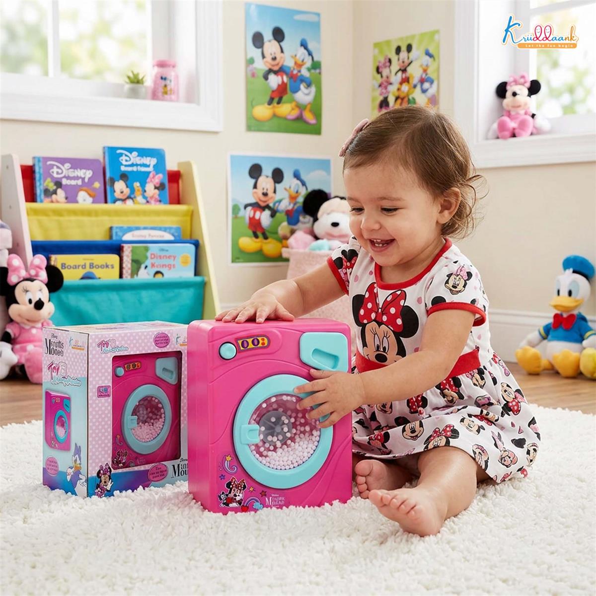Minnie Theme Interactive Family Washing Machine Toy for Toddlers - Pink Mini Laundry Appliance with Light & Sounds, Educational Pretend Play Gift for Kids Aged 3+ Years