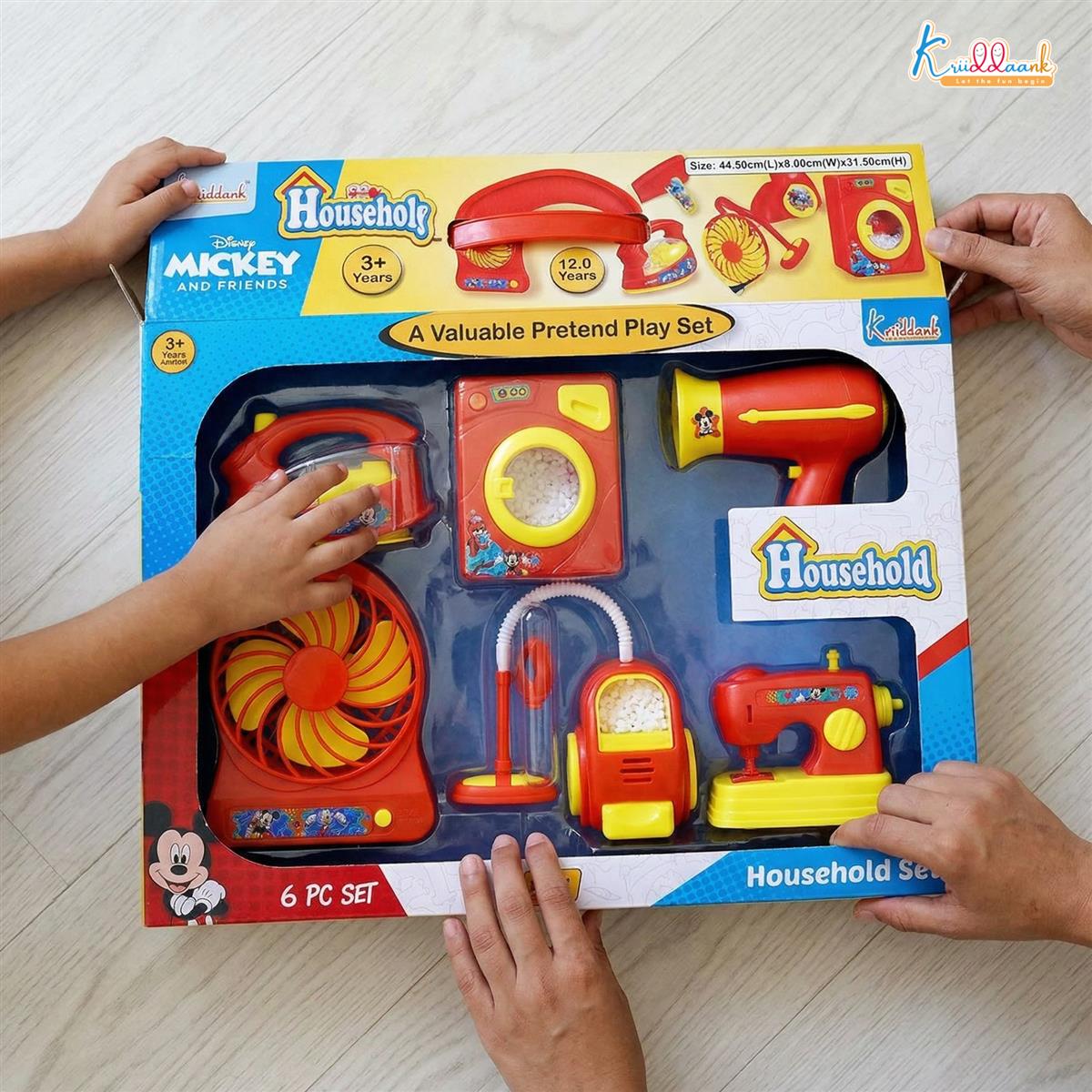 Mickey Mouse 6-Piece Mini Household Toy Set - Battery Operated Washing Machine, Vacuum Cleaner, Sewing Machine, Hair Dryer, Iron & Fan - Interactive Pretend Play Appliances for Kids Ages 3+