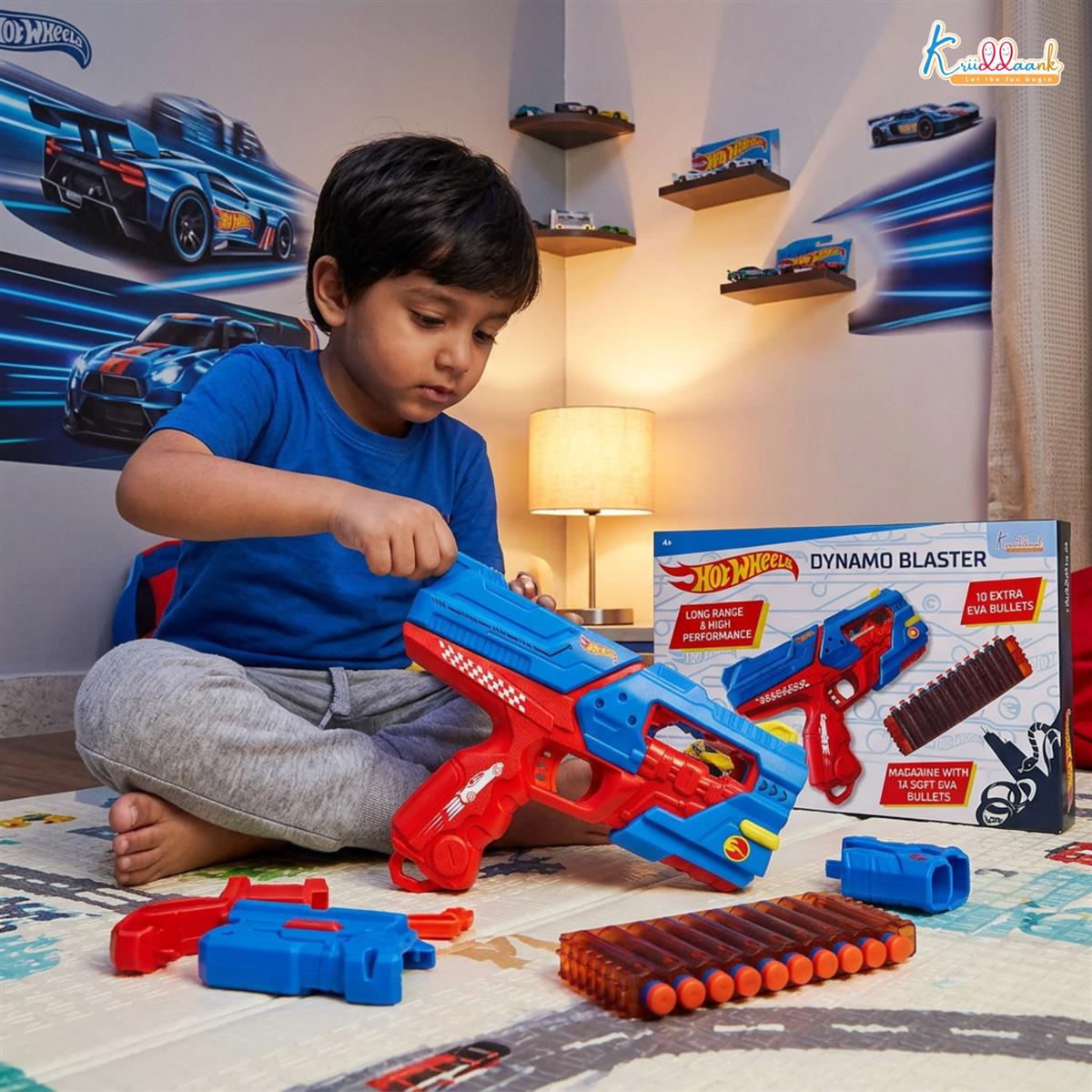 Hot Wheels Dynamo Blaster Toy Gun with 22 Soft Foam Bullets & 12-Dart Cartridge, Long Range Action-Packed Blaster for Kids, Safe & Interactive Play, Blue, Ages 4+