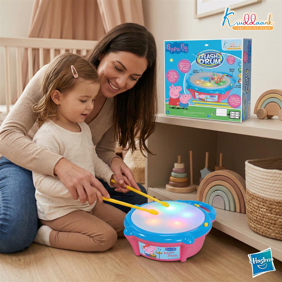 Hasbro Peppa Pig Theme Flash Drum Musical Toy with 3D LED Lights, 9 Songs & 9 Drum Sounds - Interactive Rhythm & Beats Toy for Kids 3+ Years - Pink Educational Sensory Toy