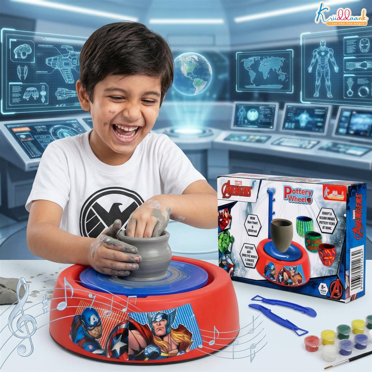 Marvel Avengers Theme Pottery Wheel - Superhero Clay Art & Craft Kit for Kids 8+ | DIY Pottery Studio with 800g Clay, Paints & Tools | Educational & Creative Birthday Gift | Non-Toxic & Safe