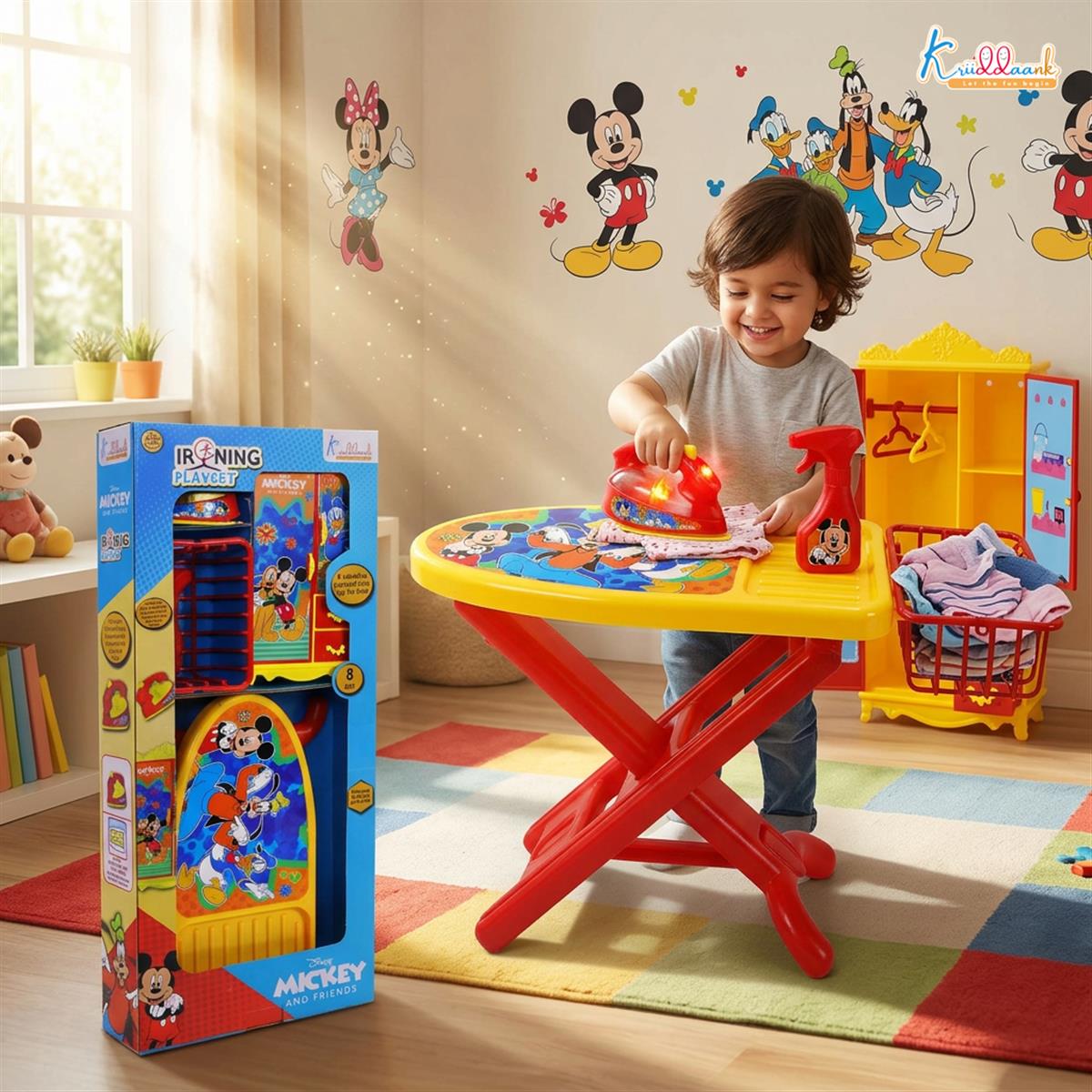 Disney Mickey Mouse Ironing Playset for Kids - 8-Piece Portable Toy Set with Light & Sound Iron, Ironing Stand, Cupboard, Water Spray & Basket - Fun Educational Pretend Play Gift for Ages 3+