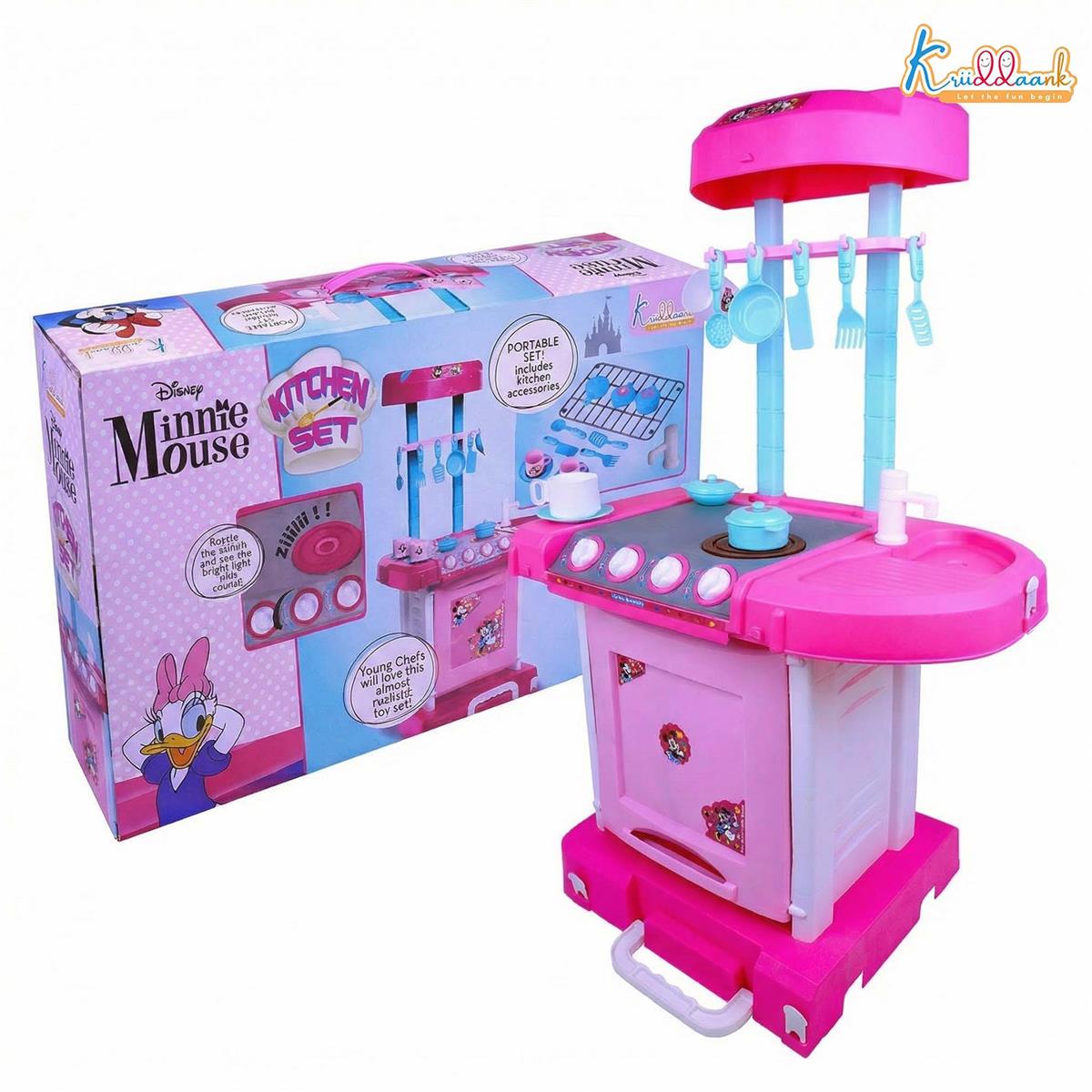 Kriiddaank Minnie Themed Kitchen Set for Kids - Disney Pretend Play Cooking Toy with Lights & Sound, Oven, Gas Stove, Sink & 18 Accessories, Pink Kitchen Playset for Girls 3+ Years
