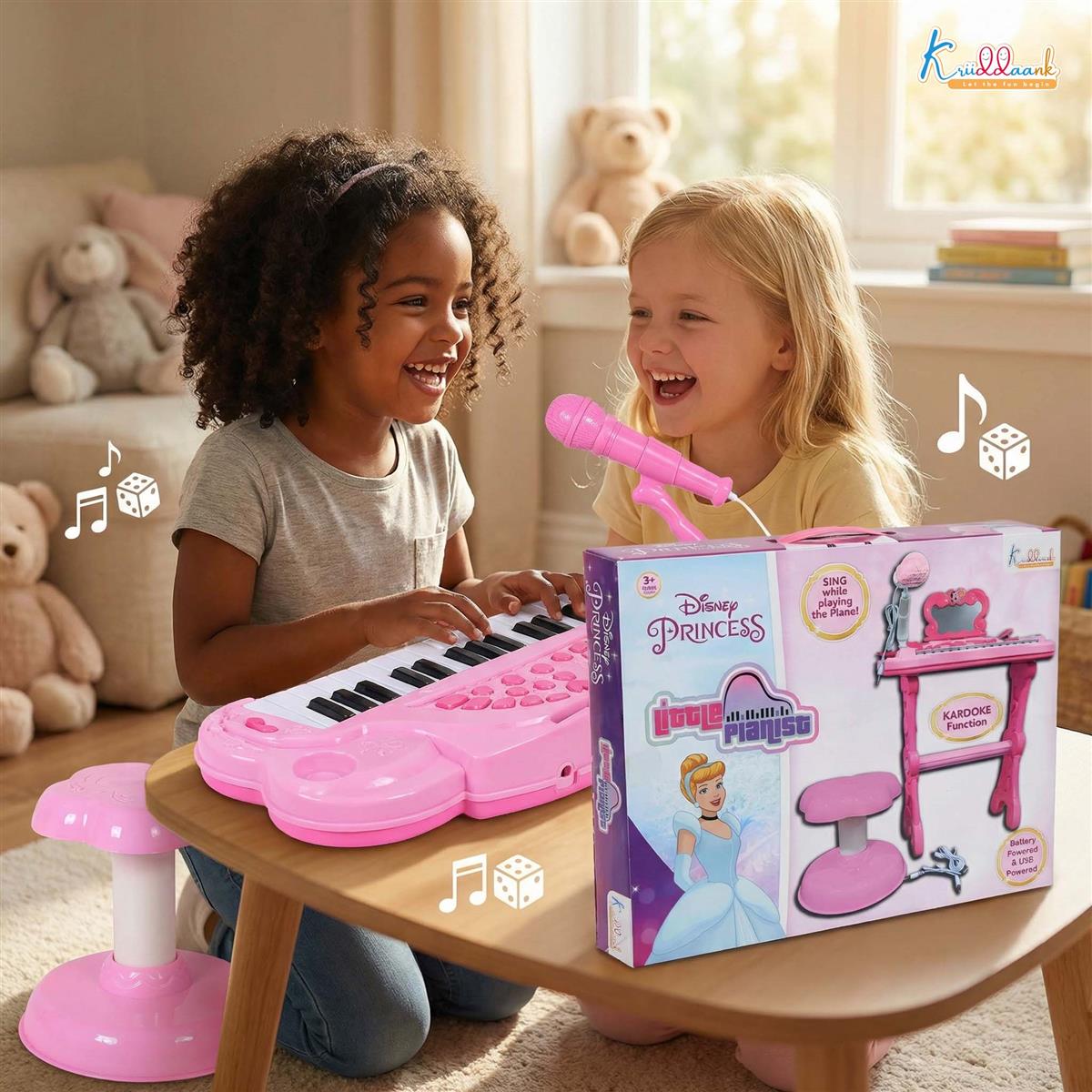 Disney Princess Little Pianist Keyboard Toy with Microphone & Stool - Karaoke Function, 25 Built-in Tunes, Dual Power Mode (USB/Battery) - Pink Musical Educational Gift for Girls Ages 3+