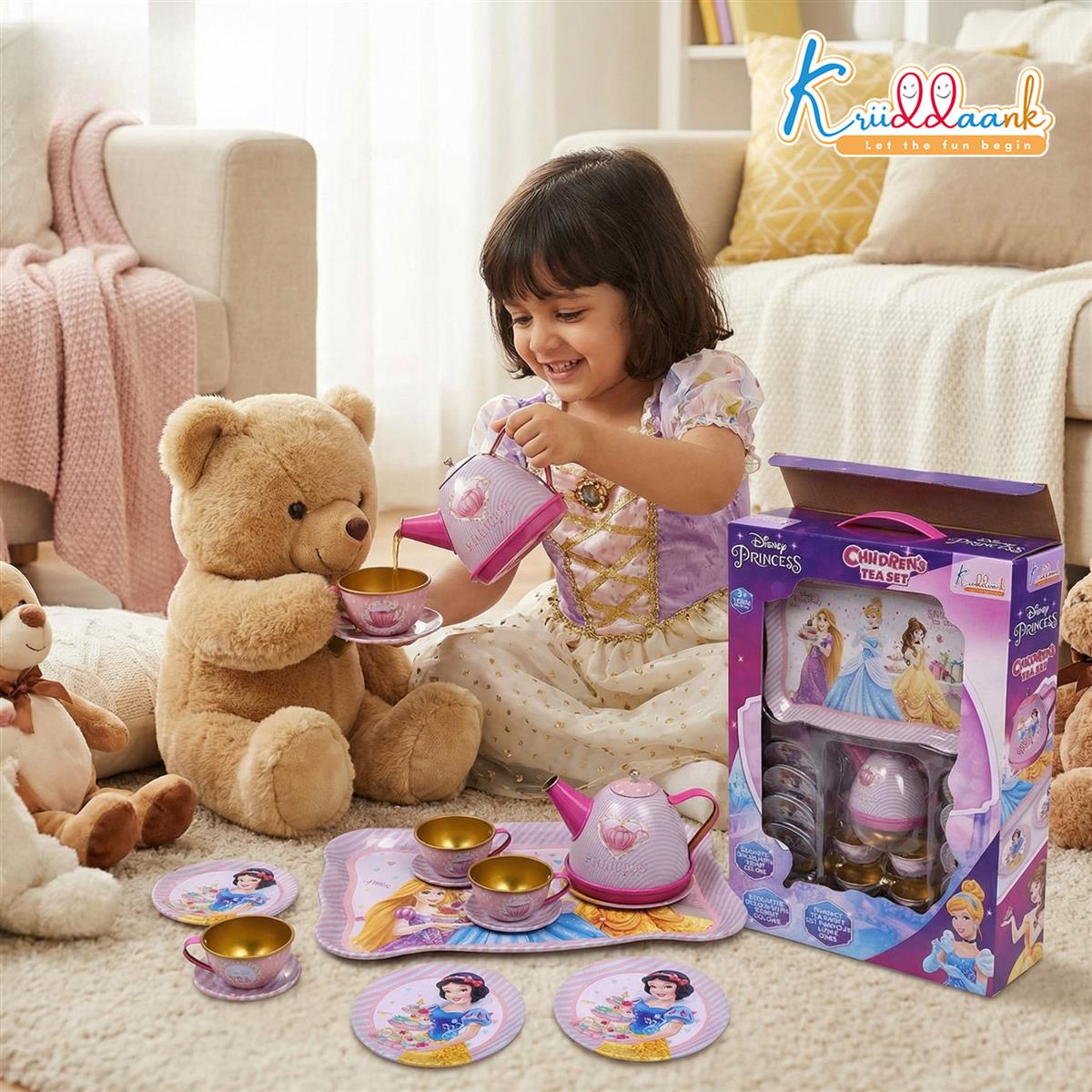 Disney Princess 14-Piece Tin Tea Set for Girls - Portable Fantasy Tea Party Set with Teapot & Cups - Safe & Durable Metal Pretend Play Toy for Kids Ages 3+ (Pink)