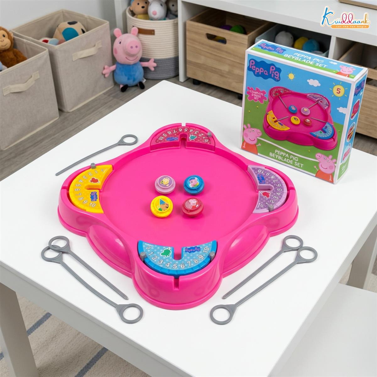 Kriiddaank Peppa Pig Theme Spinning Top Battel Game with Arena Base - Beyblade Style Battle Set for Kids 5+ Years - 4 Tops & Rip Cords - Multiplayer Educational Toy for Boys & Girls (Pink)
