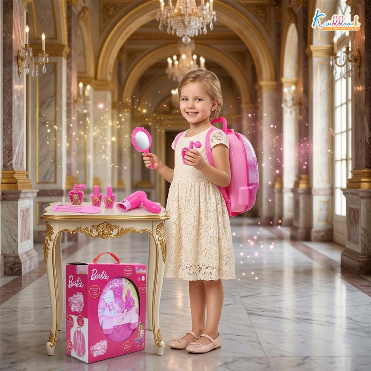 Barbie Backpack Dressing Gift Set for Kids - 2-in-1 Portable Pretend Play Makeup & Vanity Set with Electronic Dryer, 13+ Accessories, Safe & Durable Educational Toy for Girls Ages 3+
