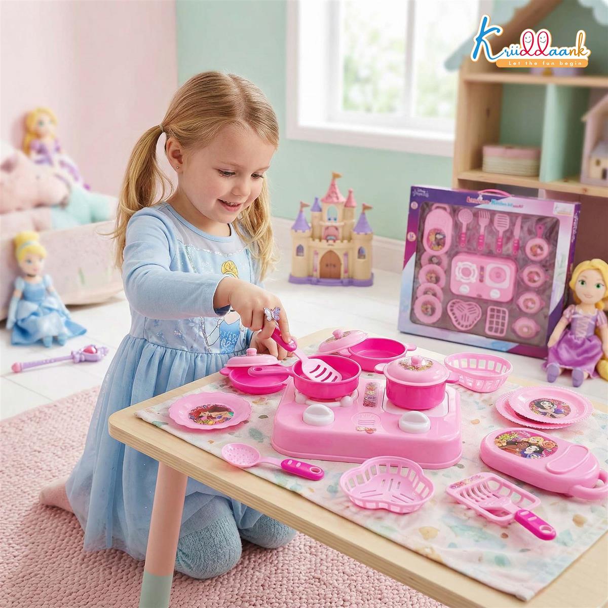Kriiddaank Princess Little Chef Kitchen Set for Kids - 16 Pcs Pretend Play Cooking & Baking Playset with Light & Sound, Battery Operated Toy Stove, Portable Pink Kitchen for Girls & Toddlers Ages 3+