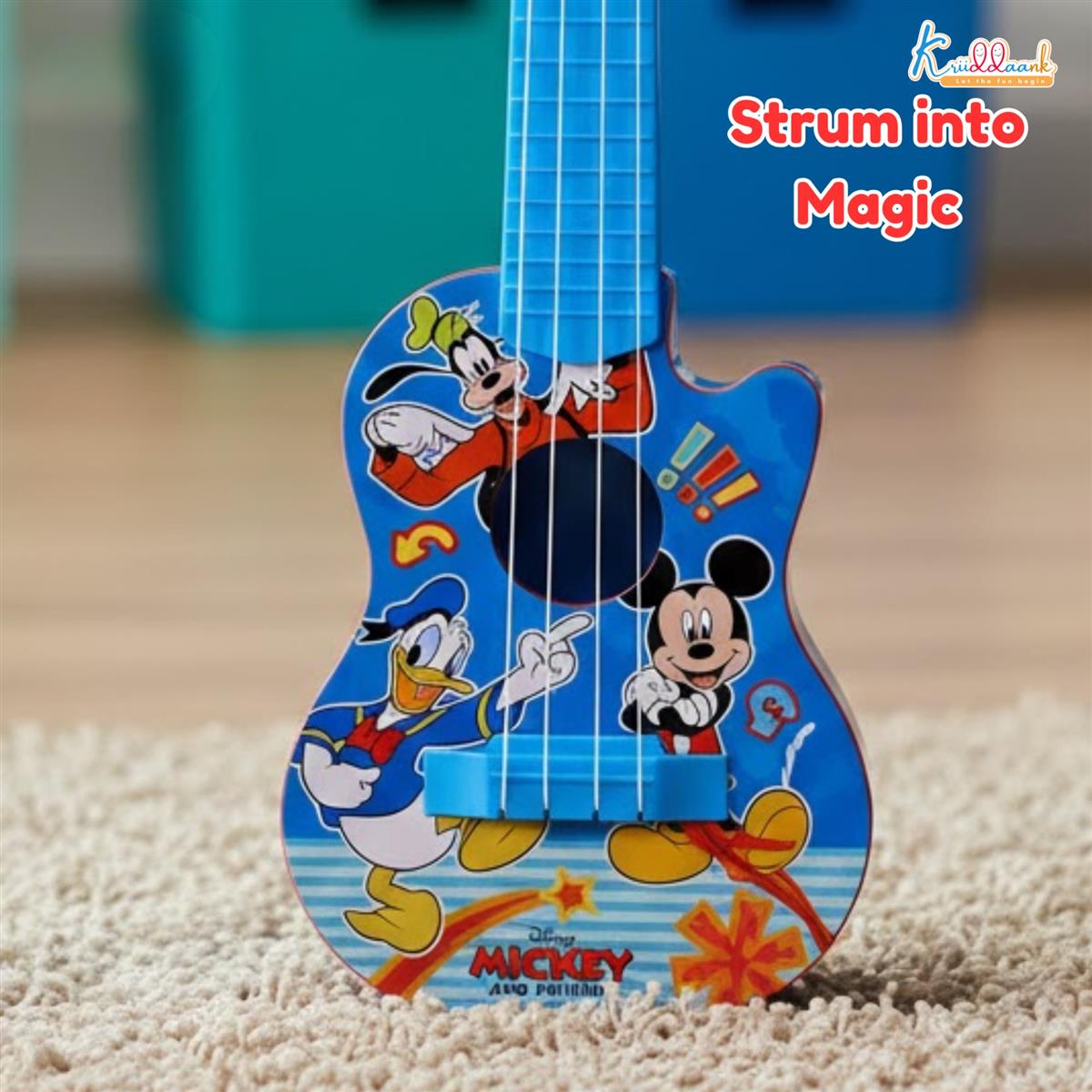 Disney Mickey Mouse Small Guitar for Kids - 4 String Toy Musical Instrument with Adjustable Tension, Fingerstyle Tab & Pick - Portable, Safe & Educational Gift for Boys & Girls Ages 3+