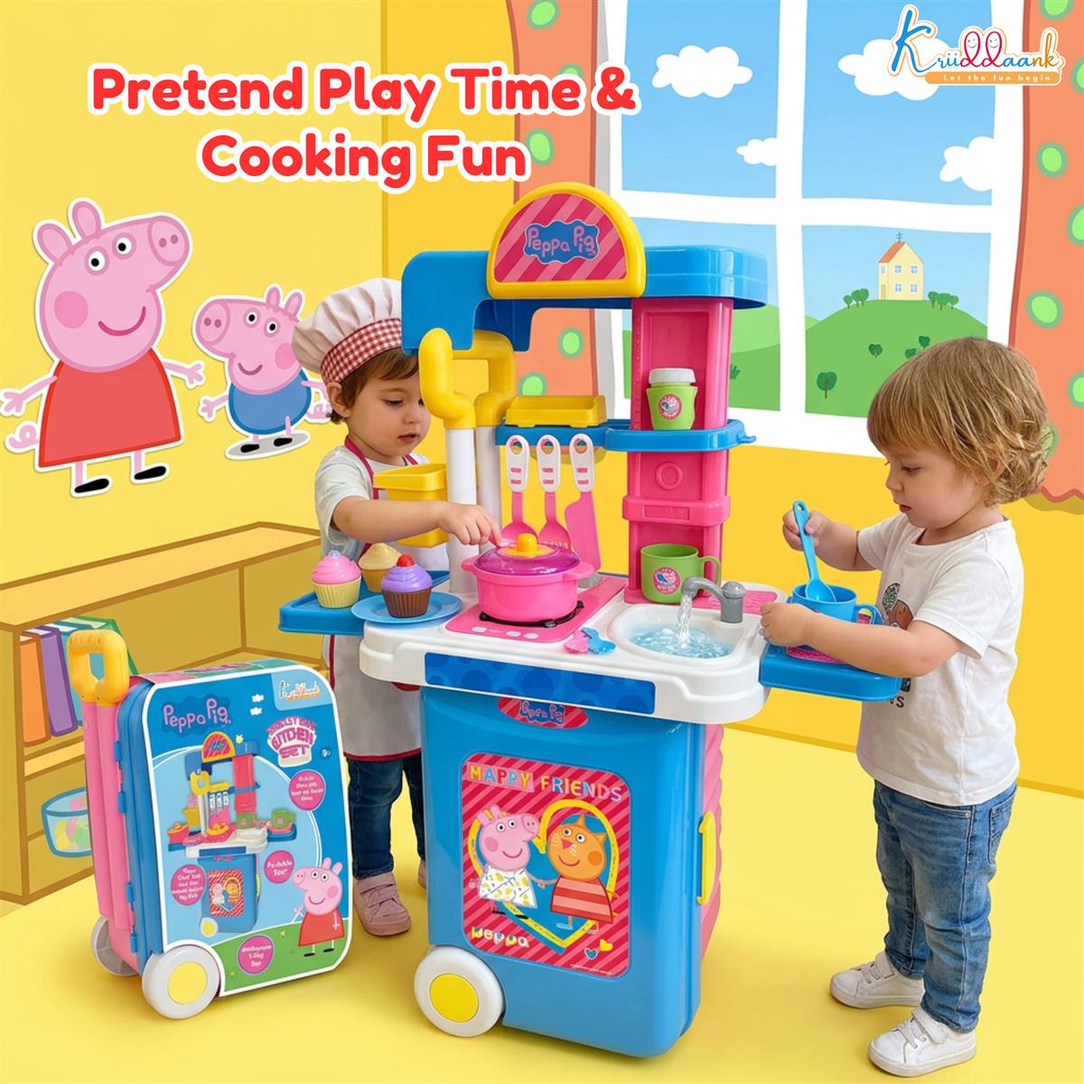 Kriiddaank Peppa Pig Kitchen Set for Girls - 2-in-1 Portable Trolley & Chef Playset with 20+ Accessories, Music & Lights - Educational Pretend Play Cooking Toy for Kids 3+ Years (Pink)