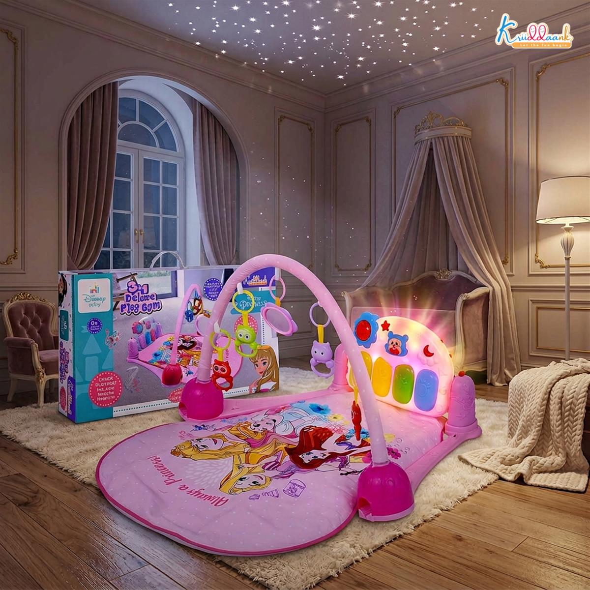 Disney Princess Theme Musical Baby Gym with Piano Keyboard, Lights & Hanging Rattles - Activity Play Mat for Infants & Toddlers (0-3 Years) - Pink