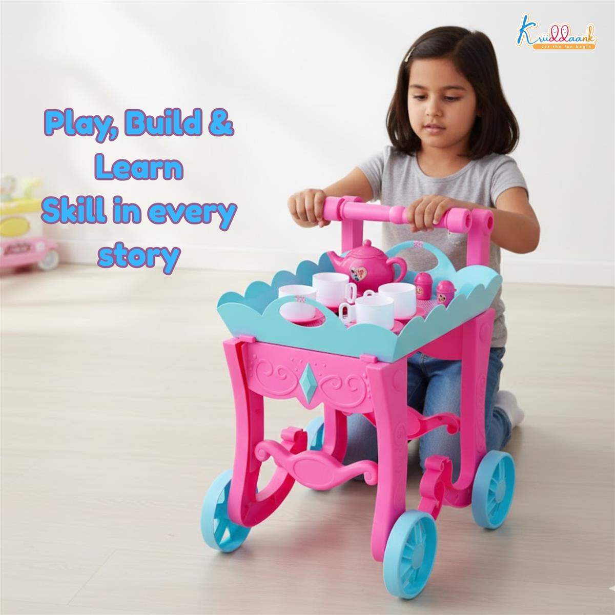 Minnie Tea Trolley Set for Kids - 32 Pcs Pretend Play Tea Party Toy with Electronic Kettle, Lights & Music - Battery Operated Educational Kitchen Set, Pink, Gift for Girls Age 3+