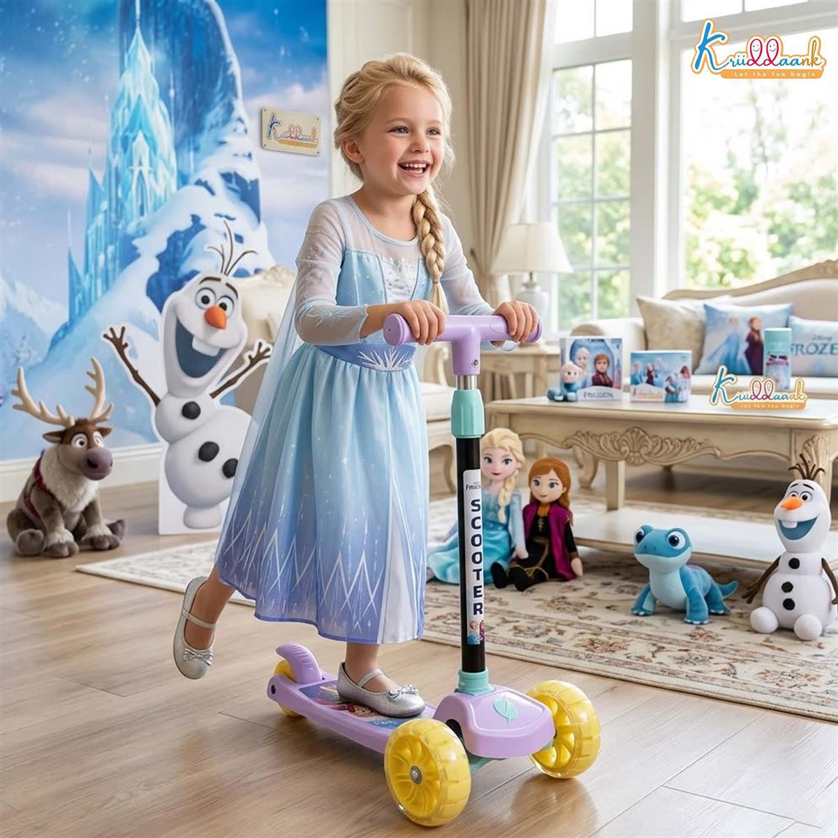 Kriiddaank Disney Frozen Adventure 3-Wheel Kick Scooter for Kids - 5-Level Adjustable Height, Easy Fold Design, Light Up PVC Wheels & Manual Brake - For Boys & Girls Ages 3-12 (Turkish Blue, 25kg)