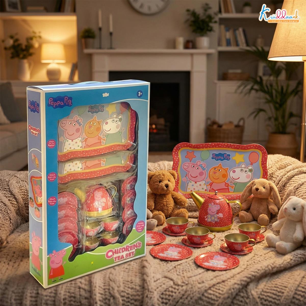 Peppa Pig 14-Piece Portable Tin Tea Set for Kids - Durable Metal Play Tea Party Set with Kettle, Cups, Saucers & Plates - Role Play Toy for Girls & Toddlers 3+ Years Old, Multicolor