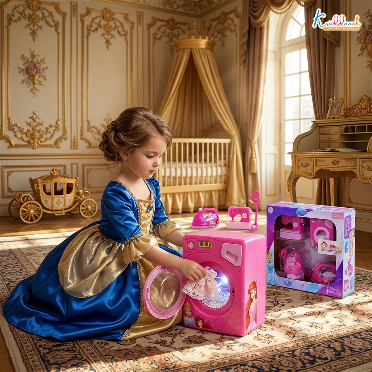 Disney Princess Theme 4pc Household Role Play Set - Includes Toy Washing Machine, Vacuum Cleaner, Iron & Hair Dryer - Educational & Fun Pretend Play Home Decoration Kit for Kids Ages 3+
