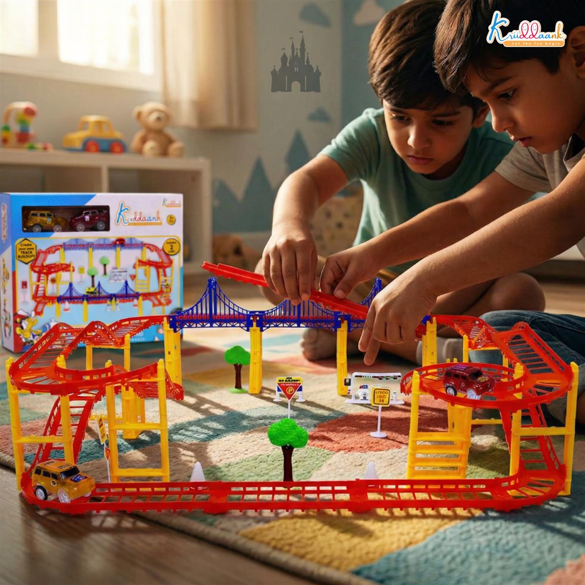 Disney Mickey Track Medium (84 Pcs) â€“ DIY Racing Track Set with 2 Cars, Bridges, Roadway Signs, Traffic Cones & Petrol Pump, Battery Operated Toy for Kids 3+ Years Old