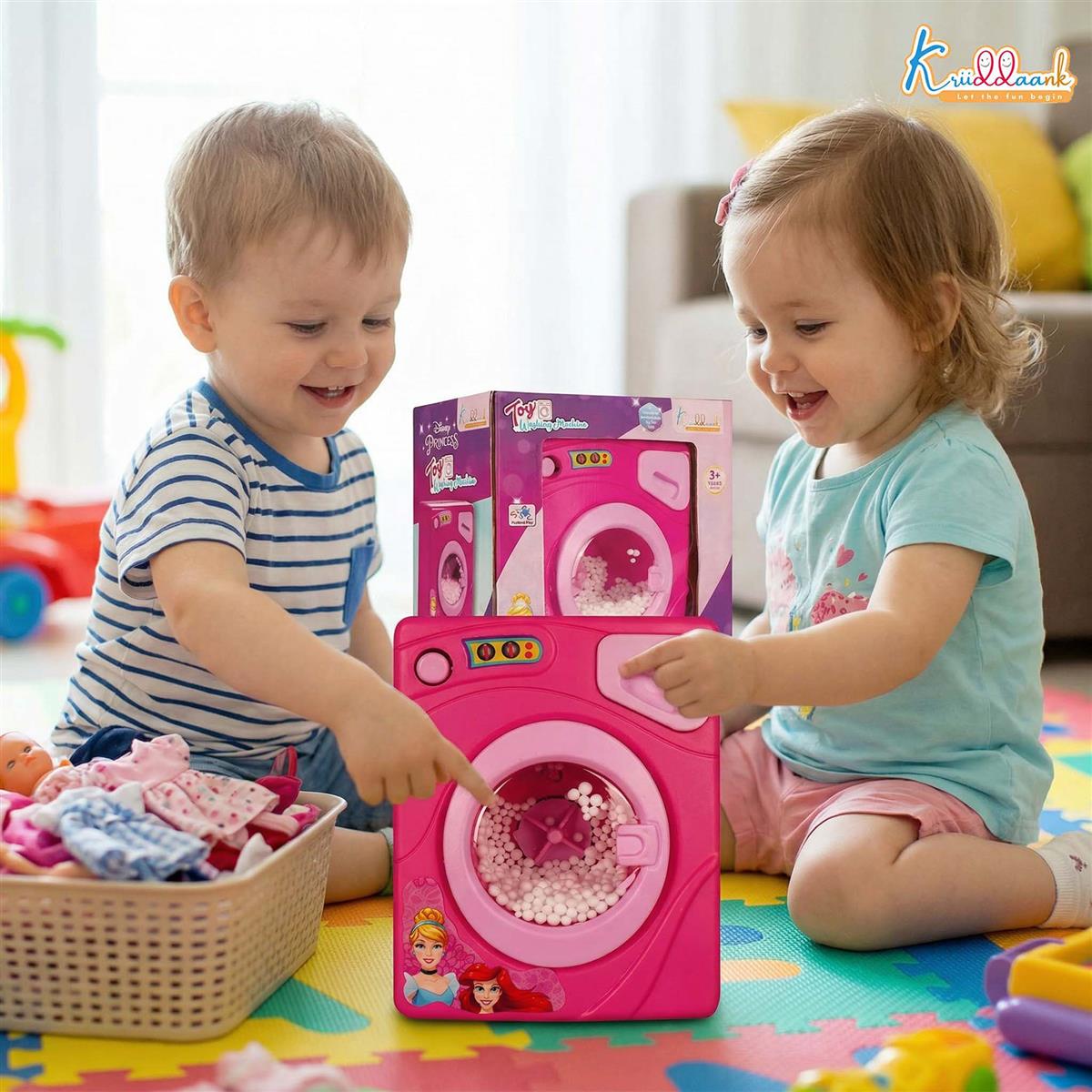 Disney Princess Interactive Family Washing Machine Toy for Toddlers - Battery Operated Housekeeping Toy with Lights & Rotating Action - Educational Pretend Play Home Appliance for Kids 3+ (Pink)