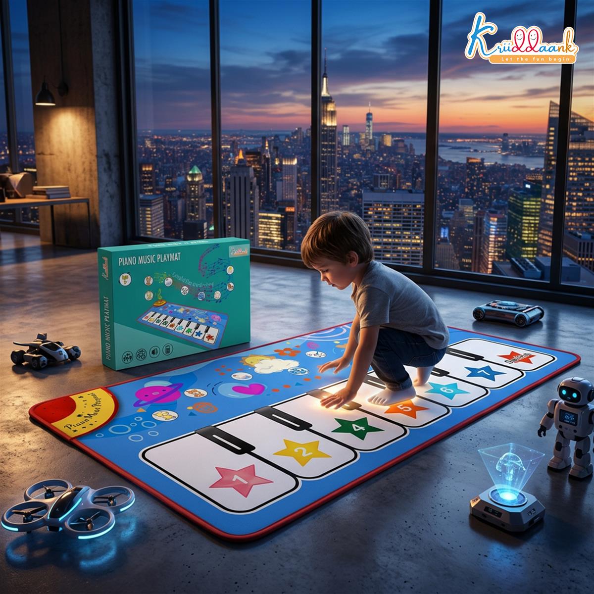 Kriiddaank Piano Music Play Mat for Kids - Interactive Musical Learning & Sensory Development Floor Mat Toy - 8 Piano Keys & 3 Function Keys - Battery Operated Educational Gift for Boys & Girls 3+