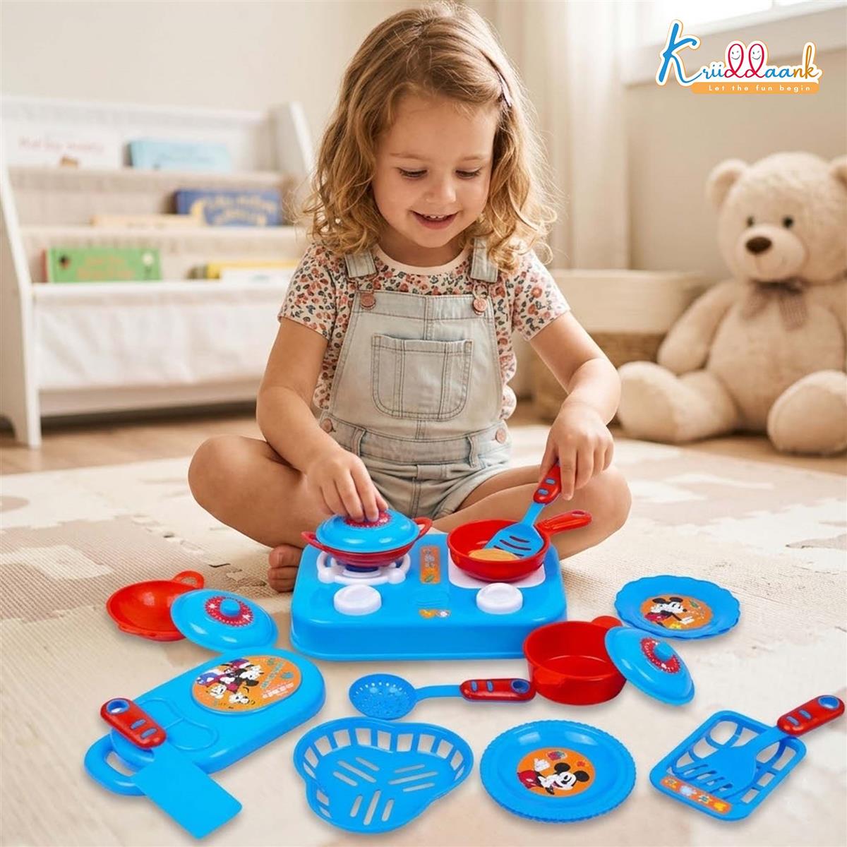 Kriiddaank Mickey Mouse Little Chef's Kitchen Set - 16 Pcs Pretend Play Cooking Set with Lights & Sounds, Portable Electric Stove Playset for Kids Aged 3+ Years
