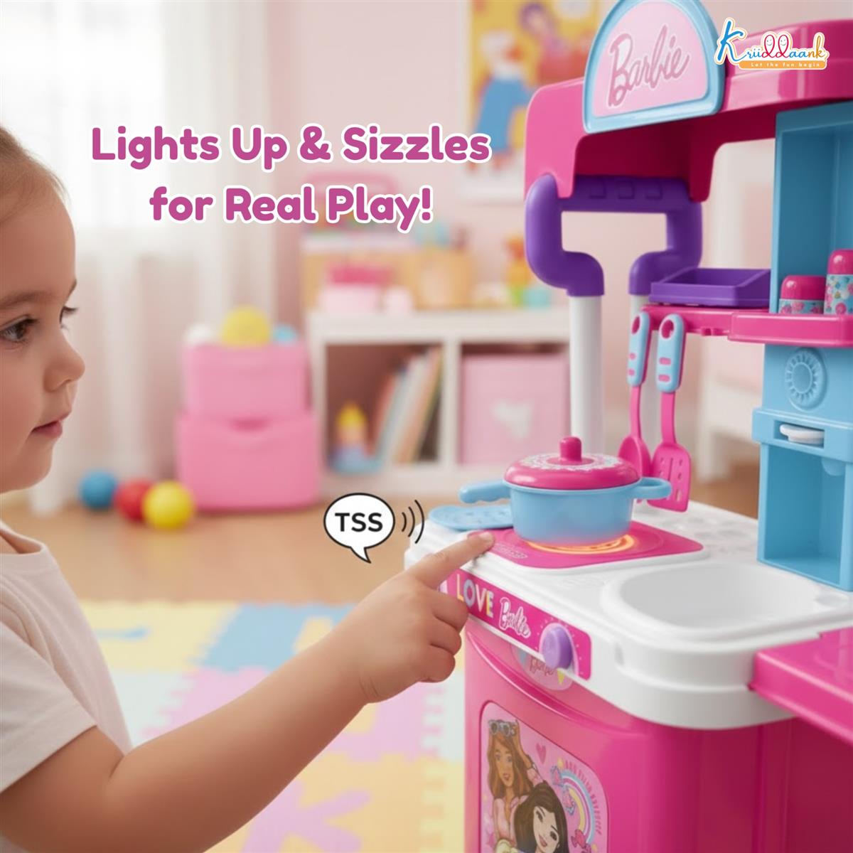 Kriiddaank Mattel Barbie Kitchen Set - Portable 2-in-1 Trolley Playset with Lights, Sound & 20 Accessories for Girls - Realistic Cooking & Baking Toy Gift for Kids 3+ Years