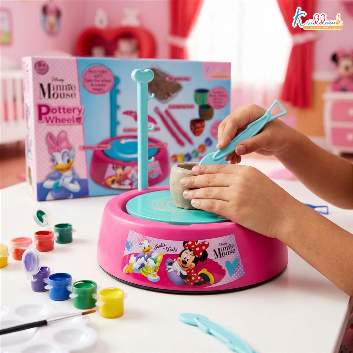 Minnie Pottery Wheel Modeling Set for Kids - Complete DIY Clay Sculpting Art & Craft Kit with 800g Clay, 6 Acrylic Paints & Tools - Educational Musical Toy for Girls Age 8+